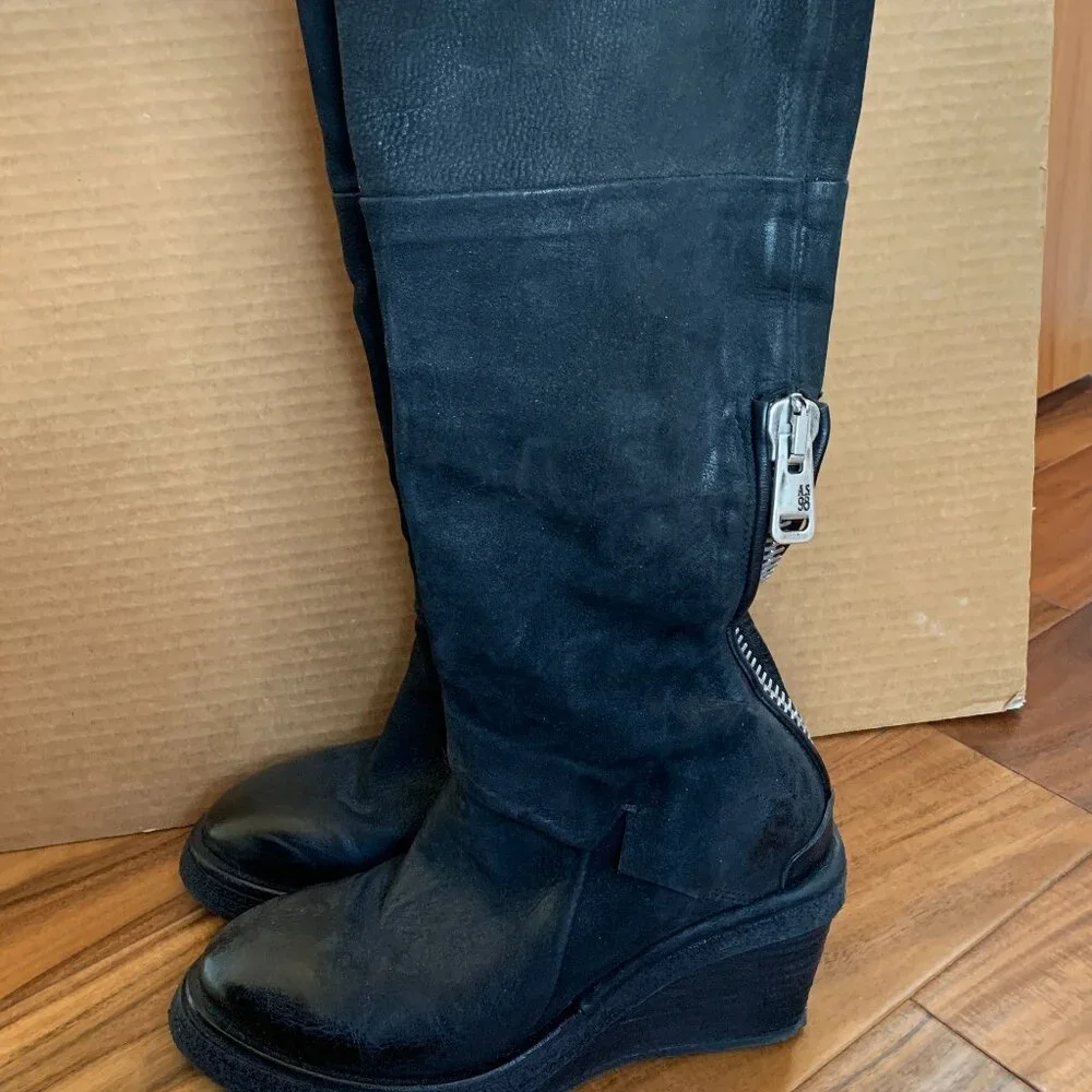 A.S.98 Women's Sabina Wedge Leather Suede Boots Black sz 38 7.5 Side Zip Ankle